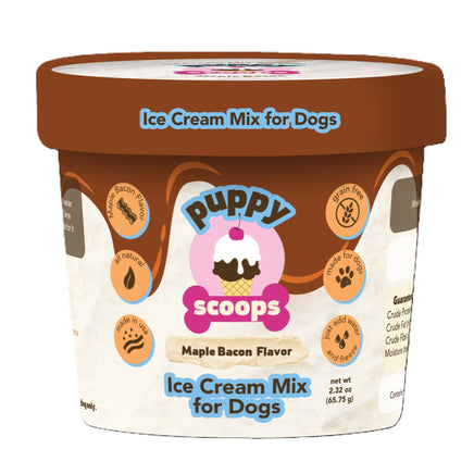 Puppy Scoops Maple Bacon Ice Cream Mix for Dogs packaging on a white background