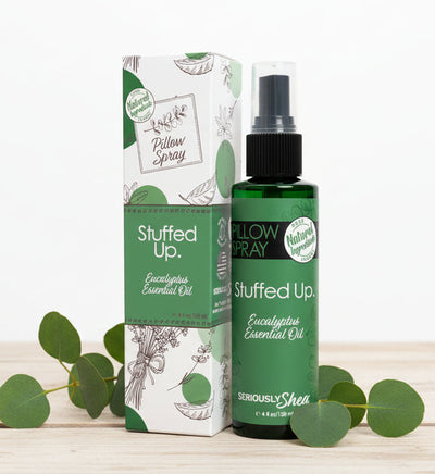 Stuffed Up Eucalyptus Essential Oil Pillow Spray bottle and packaging on a white background