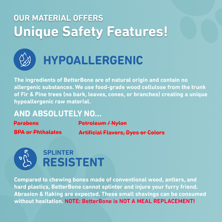 Product description card highlighting hypoallergenic and splinter-resistant features on a blue background.