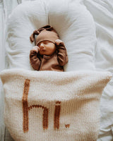Hand Knit Baby Blanket  - "hI" Baby Blanker - Ivory / Pecan