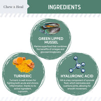Ingredients of a product with green lipped mussel, turmeric, and hyaluronic acid highlighted.