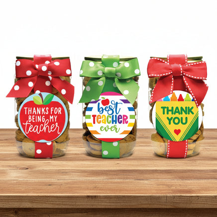 Three jars of cookies with colorful bows and teacher appreciation stickers on a white background