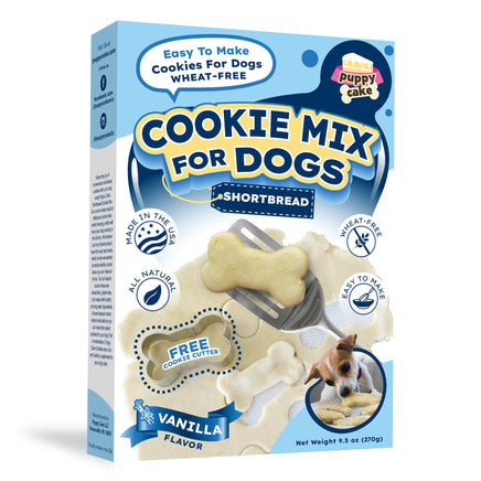 Box of Puppy Cake cookie mix for dogs with vanilla flavor on a white background