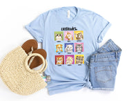 Light blue t-shirt with cat-themed design, shorts, and bag on a white background