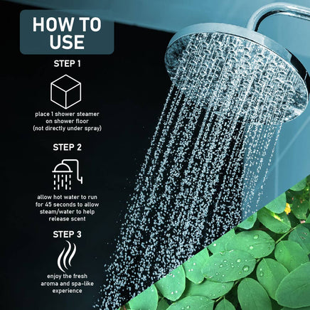 Shower head with water droplets and text on how to use a shower steamer, with green leaves in the background.