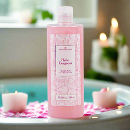 large bottle of pink bubble bath. hello gorgeous citrus mango scented 