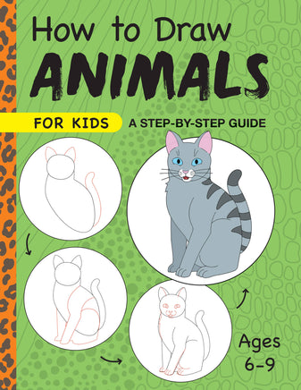 Book cover of 'How to Draw Animals for Kids' with a green background and cat illustration.