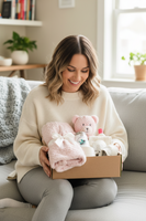 A baby gift set in an open kraft cardboard box with a bright green interior. The set includes a pink textured blanket tied with a white bow, a pink teddy bear, a white jar labeled 'Proud Parenting Products', and white baby accessories.