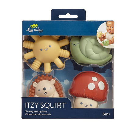 Packaging of Itzy Squirt sensory bath squirts with four different designs on a white background.