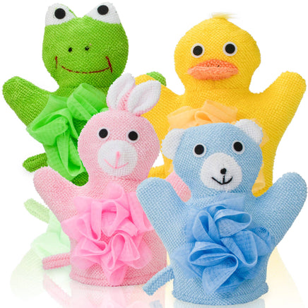 Set of four animal-themed bath gloves in green frog, pink rabbit, blue bear, and yellow duck designs.