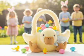 kids Plush Yellow Duck Easter Basket with a bow on a white background. bones and rattles bouqiue