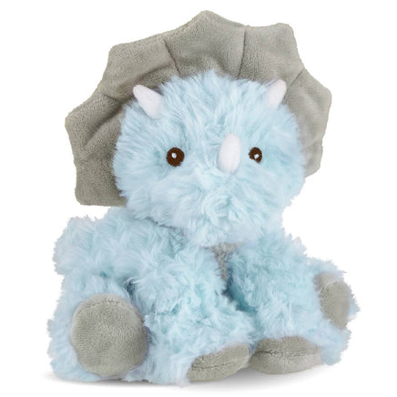 Plush blue dinosaur baby rattle toy with gray on a white background