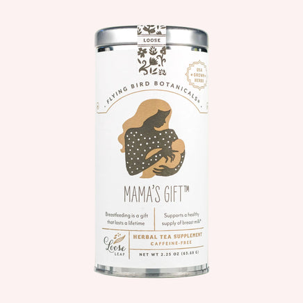 Tea canister labeled 'Mama's Gift' on a light green background