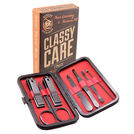 Manicure and pedicure set with tools and 'Classy Care' branded box on a white background