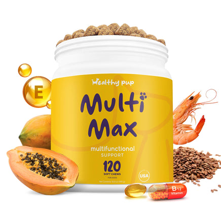 A container of Healthy Pup Multi Max All-In-One Dog Multivitamin soft chews, with ingredients like omega-3, omega-6, and vitamin E depicted around it, including images of bacon and chicken.