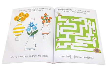 Open book with educational activities including a maze and drawing prompts.