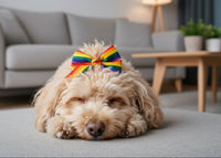 Adorable Rainbow striped canine hair bow clip on a white background