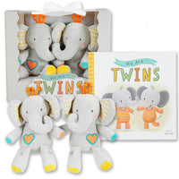 Set of plush elephant toys with a 'We Are Twins' book in packaging