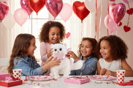 White kitten plush toy with pink bow and heart on a white background, cute valentines gift for a girl