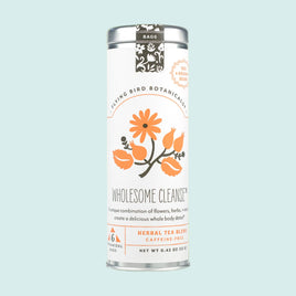Tea canister labeled 'Wholesome Cleanse' on a light green background