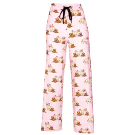 Women's soft pink pajama pants with a puppy dog print and an elastic drawstring waist.