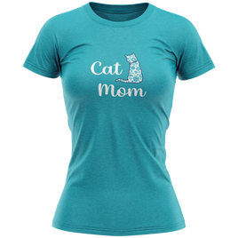 Teal t-shirt with 'Cat Mom' text and cat graphic on a white background