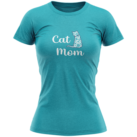 Teal t-shirt with 'Cat Mom' text and cat graphic on a white background