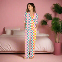 womens pajama pajama and top set checkered print with pink blue purple multi color
