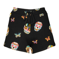 womens pajama shorts sugar skull print Black background