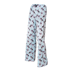 A pair of blue pajama pants with a dog print, featuring glasses on the dogs, set against a white background.