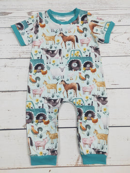 baby boys romper with farm animals and  tractor all over print