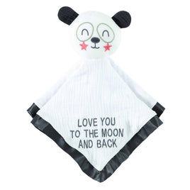 Baby Lovey white and black panda. front reads "love you to the moon and back"