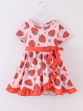 Little Girls Pink Strawberry Ruffle Dress - 12m - 5T