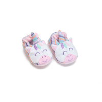 Pair of unicorn-themed baby shoes on a white background