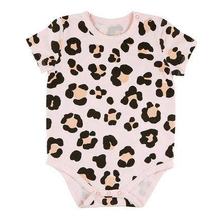 baby girl cheetah print onesie with light pink background