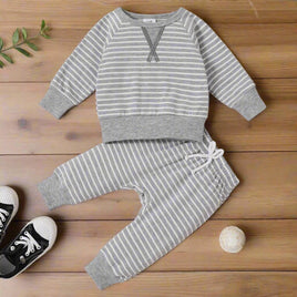 baby long sleeve top and joggers set. grey with white stripes
