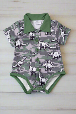 baby boy camo print and dinosaur short sleeve romper with  a little green collar