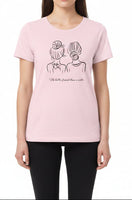Pink t-shirt with a graphic of two women with hair in buns and text 'No better friend than a sister' on a white background.