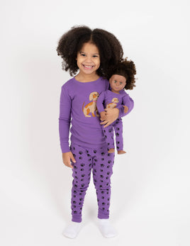 Little Girls Pajamas & Doll Matching Pajama Set 4 PC Set - Paw Print Purple