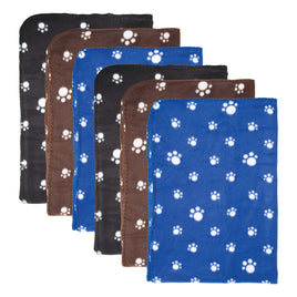 small pet blanket soft fleece in blue brown or black with white paw prints