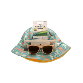 kids green palm tree print bucket had and UV sunglasses set 