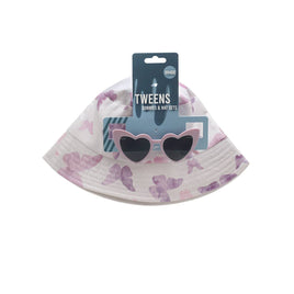 A set of heart-shaped sunglasses and a bucket hat with a pink and purple butterfly pattern. The sunglasses are attached to a card with the text 'TWEENS'.