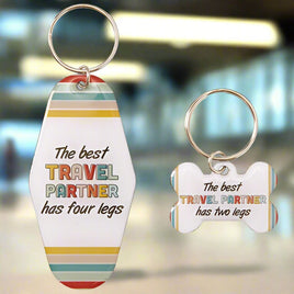 the best travel partner has 4 legs and the best travel partner has 2 legs. 2 pc metal dog tag set. engravable on the back
