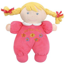 My First Doll Baby Rattle Blonde Hair with a pink outfit