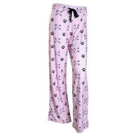 Pink pajama pants with cat and paw print design on a white background