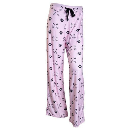 Pink pajama pants with cat and paw print design on a white background