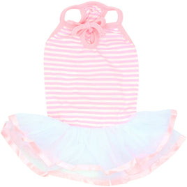 Pink and white striped dog dress with a ruffled bottom on a white background