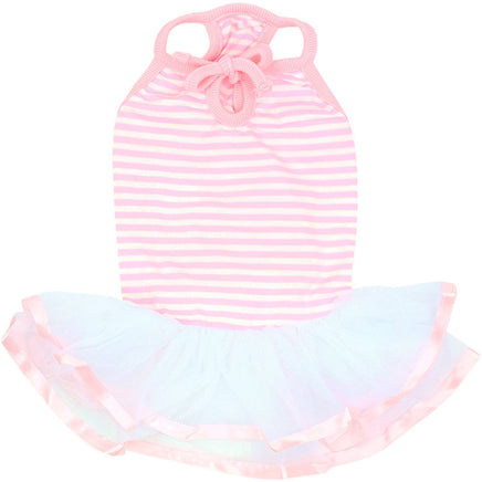 Pink and white striped dog dress with a ruffled bottom on a white background